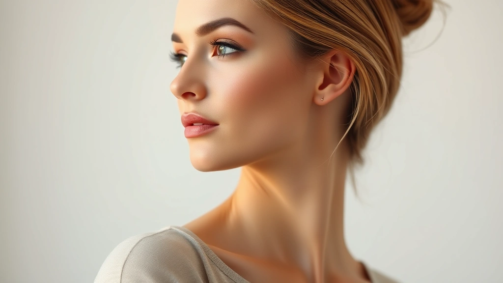 Profile view of elegantly made-up woman with subtle highlighting on cheekbones and inner eye corners, soft-focused background, wearing neutral clothing. Demonstrates dewy skin finish, blended eyeshadow, and polished appearance without obvious makeup application. Natural hair styling complementing refined makeup aesthetic.