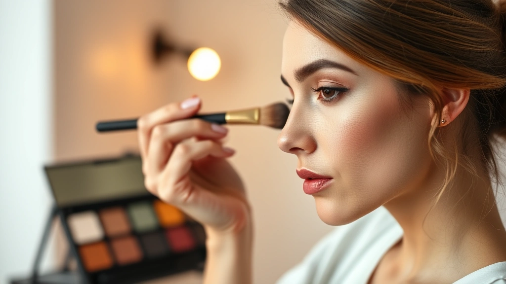 Professional woman applying eyeshadow with brush, neutral makeup palette visible, warm studio lighting, focused on eye makeup application technique
