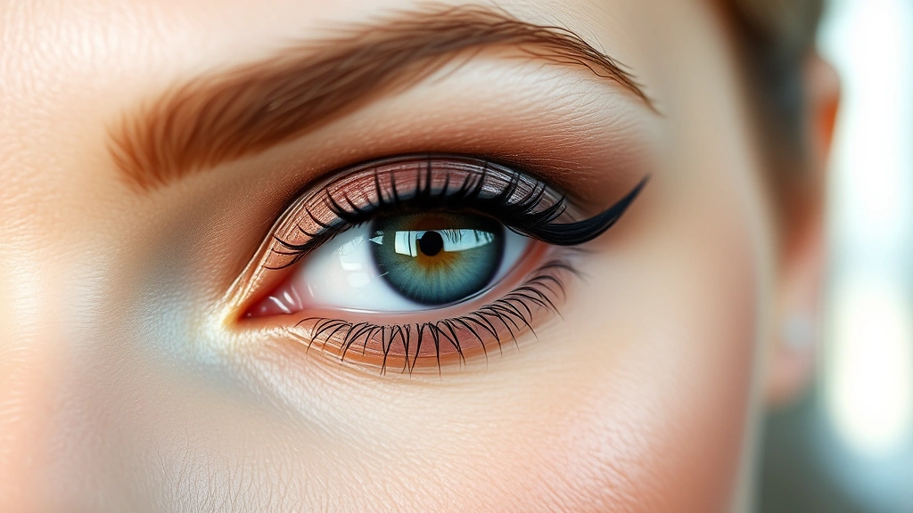 Close-up of finished eye makeup with defined crease, mascara, and eyeliner on woman's face, natural lighting showing satin eyeshadow texture