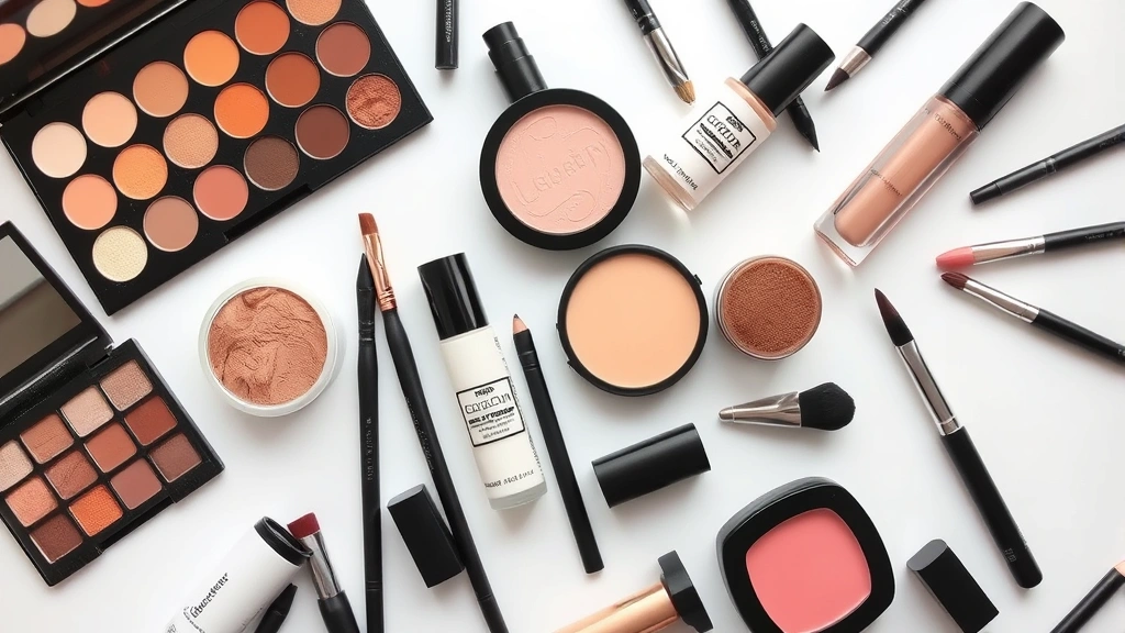 Overhead view of organized makeup collection featuring cream eyeshadow palettes, cool-toned liquid foundations, precision eyeliner brushes, matte lip products, and professional makeup tools arranged aesthetically on white surface
