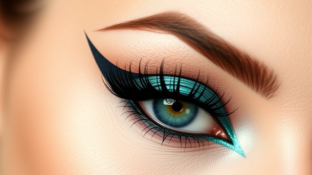 Sharp, geometric black graphic eyeliner creating bold cat-eye wing shape, metallic emerald eyeshadow on lid, perfectly symmetrical lines, artistic precision, professional makeup application