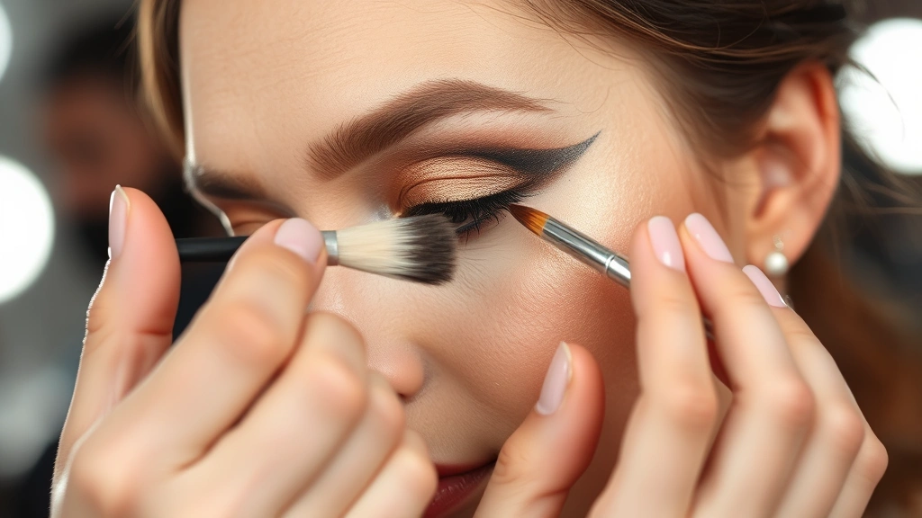Professional makeup artist applying textured metallic eyeshadow with brush, blending metallic bronze over matte base, showing layering technique, hands and eye visible, backstage professional setting