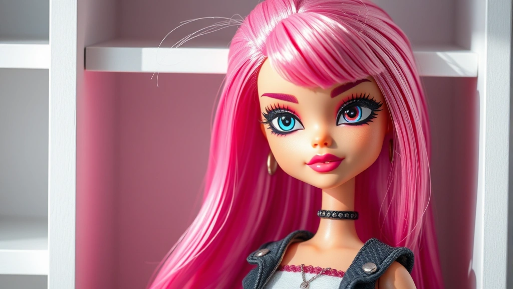 Close-up of a Rainbow High fashion doll with vibrant pink hair and trendy outfit, posed elegantly on a minimalist white shelf with soft natural lighting, showcasing detailed makeup and fashion styling