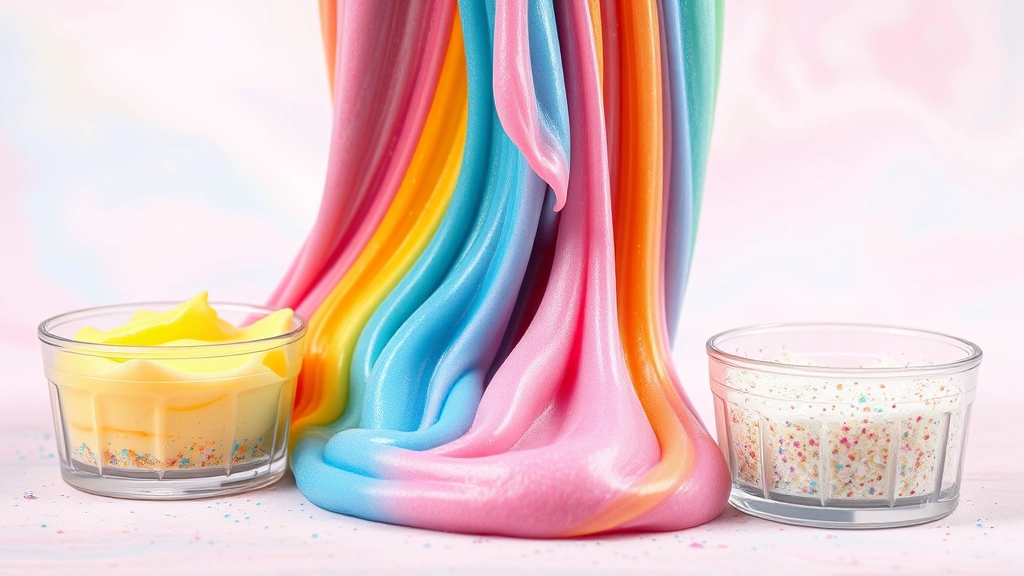 Colorful slime in coordinating rainbow hues displayed in clear containers with sparkles and glitter, stretching and textured, photographed against a soft pastel background with artistic arrangement