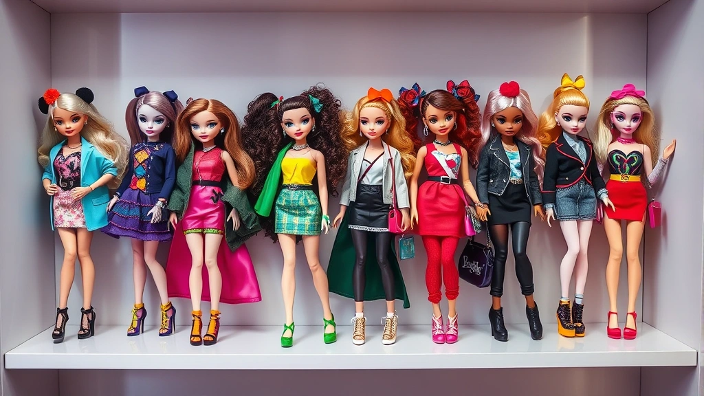 Collection of multiple Rainbow High fashion dolls in different colors arranged artfully on a display shelf with curated styling, each doll wearing distinct fashion-forward outfits with complementary accessories and poses
