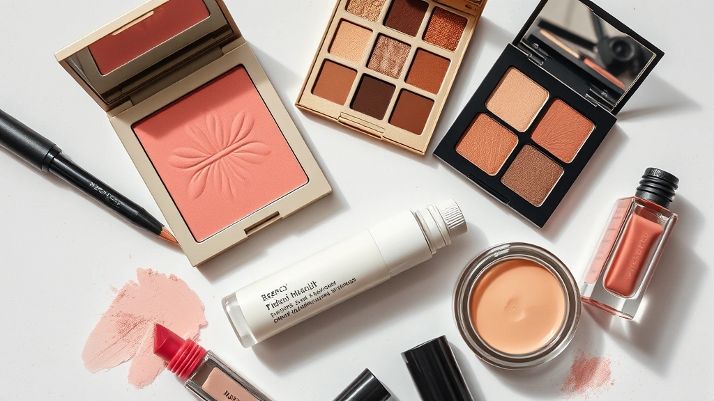 Flat lay of Regency makeup products arranged artfully: cream blush in rose tones, neutral eyeshadow palette with matte browns and taupes, soft brown eyeliner pencil, sheer rose-tinted lip product, hydrating primer, translucent powder, small glass bottles of historical cosmetic ingredients, natural lighting, beauty editorial style