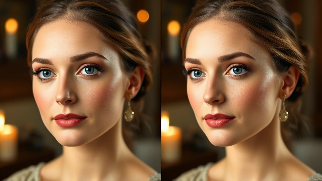 Side-by-side comparison of Regency makeup application steps: before and after of a woman's face showing the transformation from bare skin to completed Regency makeup with emphasis on the subtle, natural-looking flush, defined eyes, and luminous complexion, professional makeup artistry photography, warm candlelit ambiance