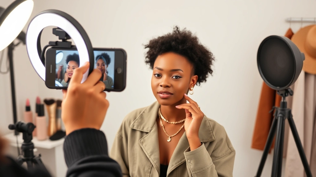 Young diverse fashion content creator filming makeup and styling video on smartphone with ring light, wearing trendy outfit, creative home studio setup with fashion accessories