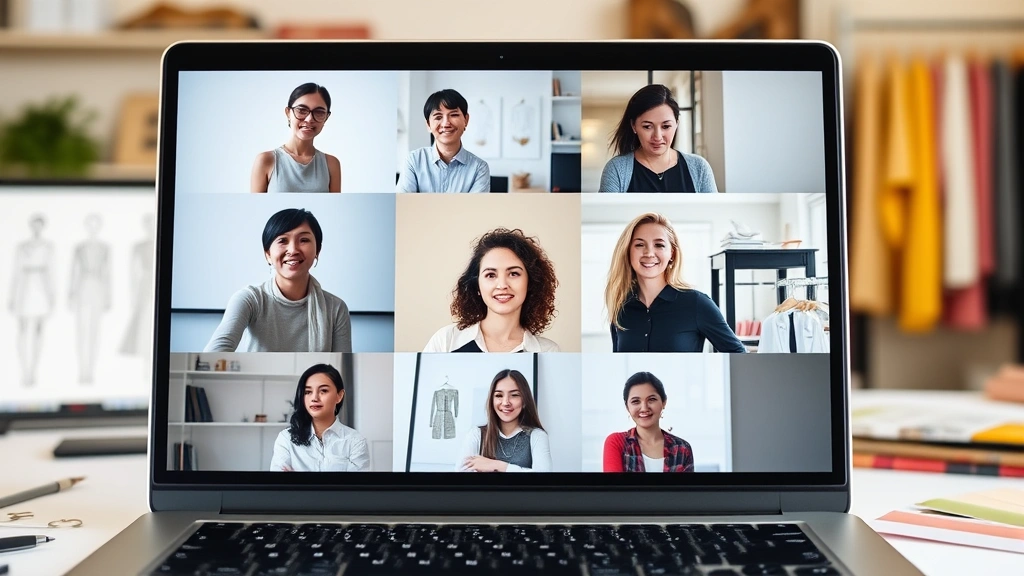 Remote fashion team video conference on laptop screen showing diverse professionals collaborating, with fashion sketches and color swatches visible in background of home offices
