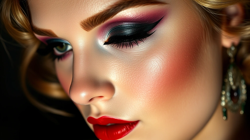 Close-up of a woman's face with authentic 1920s makeup: thin arched eyebrows, heavy black eyeliner creating winged effect, jewel-toned eyeshadow in deep purple or teal, defined cupid's bow lips in deep red, porcelain complexion, dramatic theatrical lighting