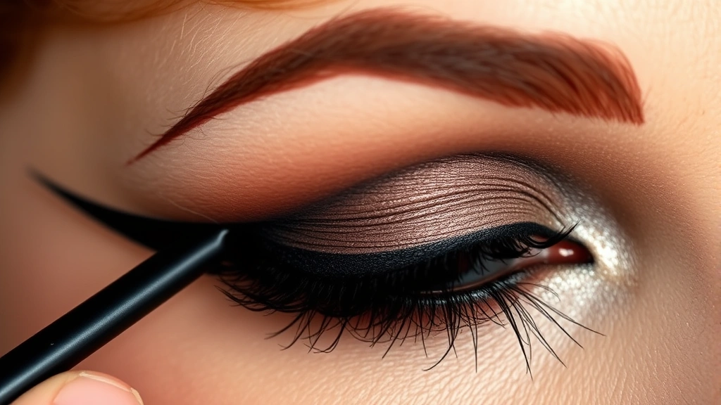 Detailed shot of 1920s eye makeup application showing dark kohl-lined eyes with concentrated eyeshadow, false lashes, and the characteristic dramatic arch of the era's aesthetic