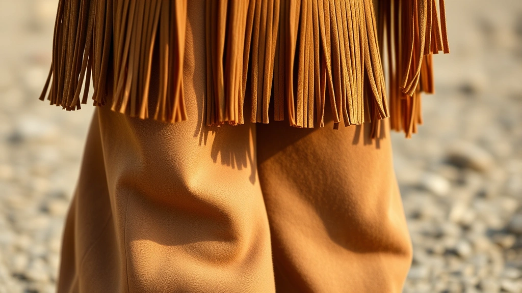 Close-up of seventies menswear details: flared trousers hem, suede fringe jacket texture, platform shoe sole, earth-tone color palette, vintage fabric details, natural lighting
