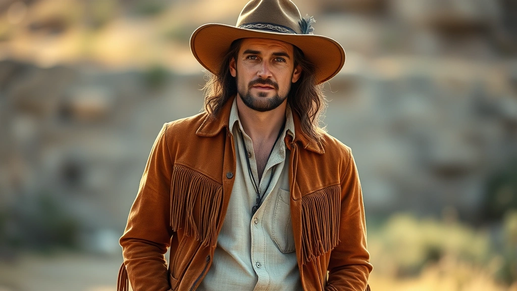 Full-length portrait of man in cognac suede fringe jacket, cream linen shirt, wide-brimmed hat with feather band, bohemian seventies aesthetic, relaxed confident stance, warm natural lighting