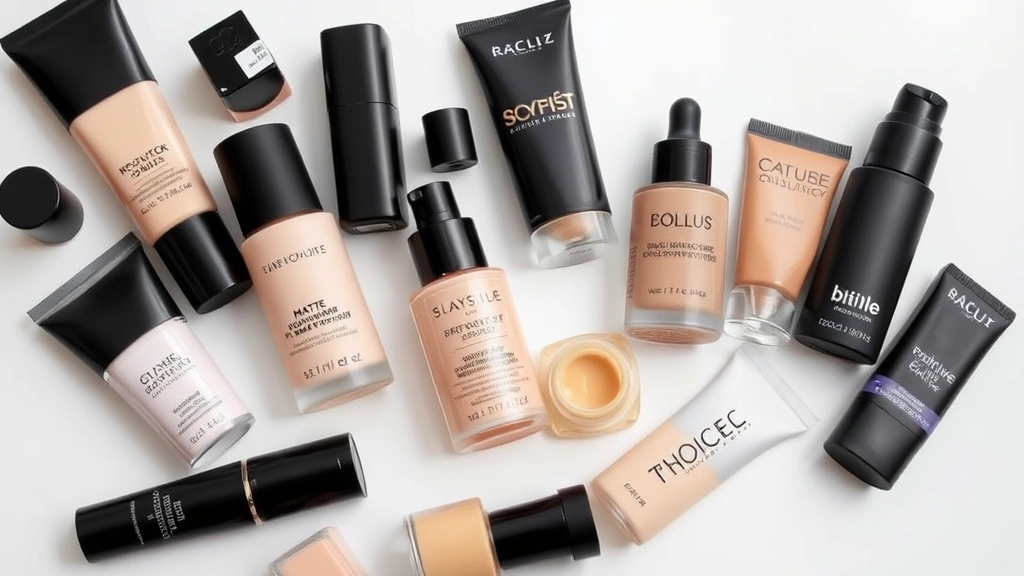Arranged collection of top-rated matte foundations for oily skin including various bottle and tube shapes, displayed on a clean white surface with soft diffused lighting