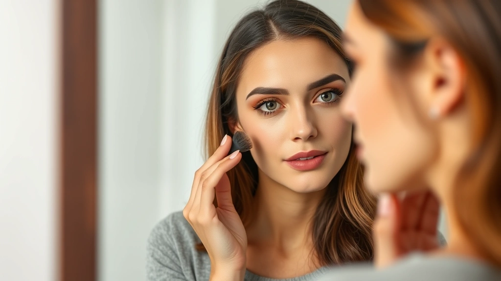 Woman with oily skin complexion checking her makeup in mirror mid-day, showing fresh matte finish foundation with no shine, natural daylight, professional makeup appearance