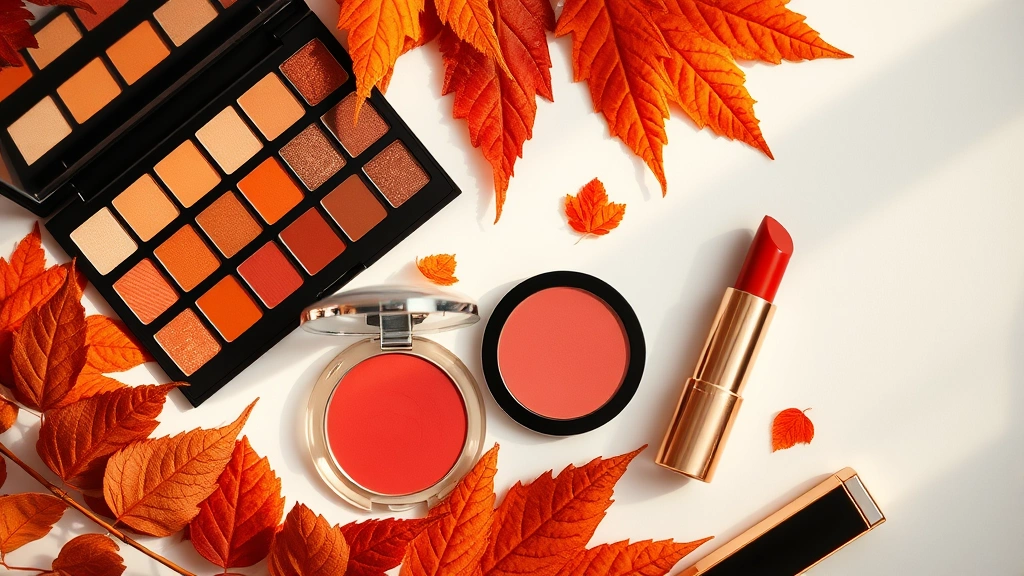 Beauty flat lay featuring warm-toned makeup products: bronze eyeshadow palette, terracotta blush, rust lipstick, gold highlighter arranged artfully with autumn leaves and warm lighting