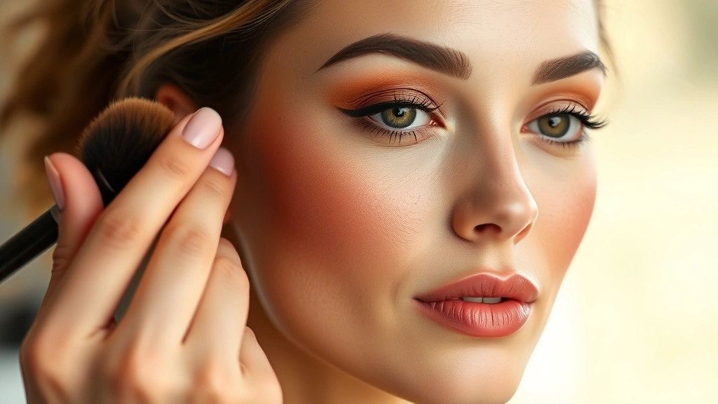 Professional makeup application showing full face with warm bronze contoured cheekbones, peachy-rose blush, nude-terracotta lips, and glowing skin with natural soft focus background