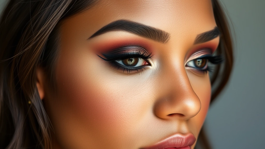 Finished smokey eye makeup look on model with diverse skin tone, showing complete eye makeup with defined crease, dark outer corner, highlighted inner corner, and volumized mascara, natural studio lighting