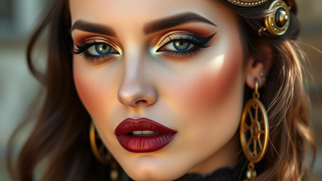 Full face steampunk makeup look showing deep burgundy lips, sculpted brows, luminous bronze-highlighted cheekbones, and smoky eye makeup with gold metallic accents photographed in natural lighting