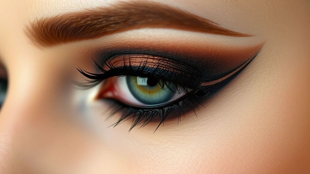 Detailed view of steampunk makeup application showing layered eyeshadow technique with charcoal crease, copper lid, and gold inner corner highlight with precise blending on medium skin tone