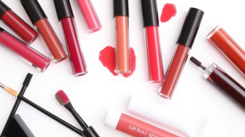 Flat lay arrangement of various lip tint products in different shades including berry, coral, and mauve, displayed with lip brushes and a hydrating lip balm, showing product diversity and application tools.