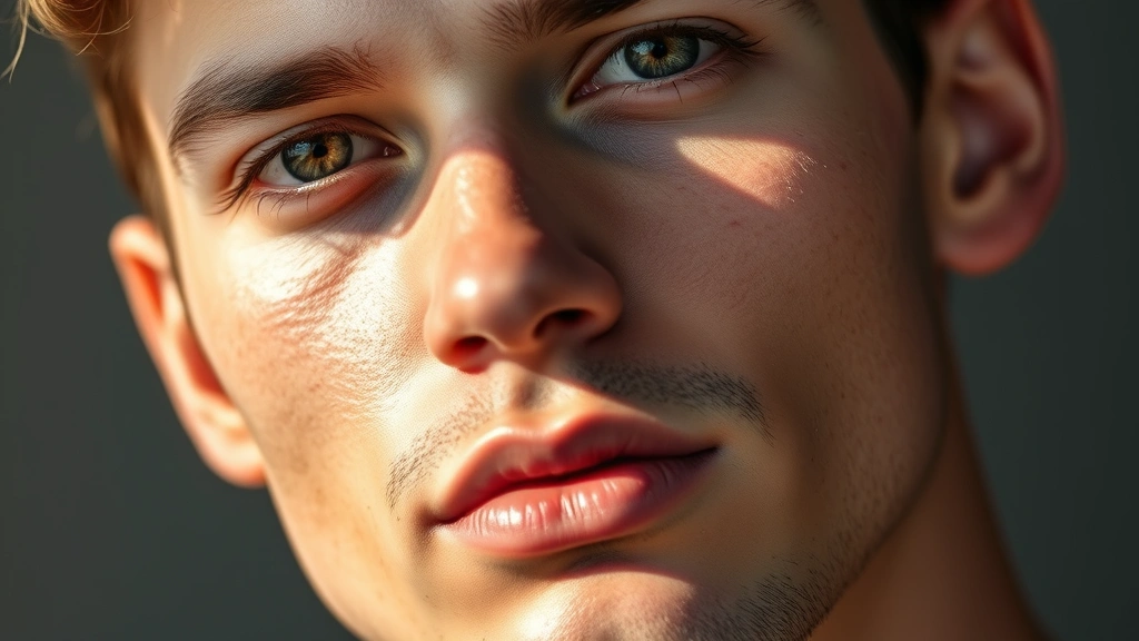 Male model with perfectly blended concealer covering minor blemishes on cheek, professional makeup application, warm natural lighting, close-up detail shot
