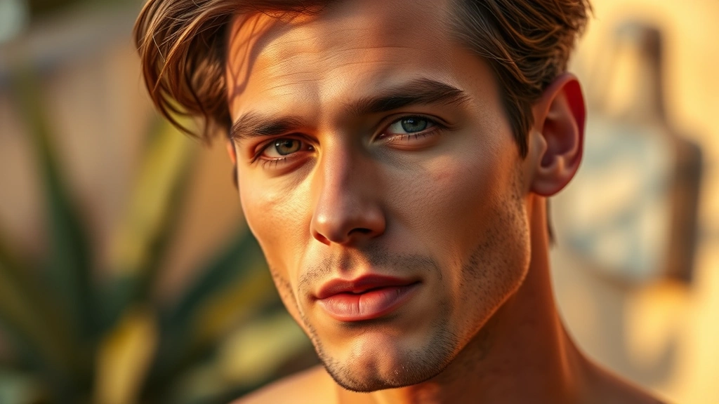 Confident man with matte finish makeup and subtle bronzer definition on jawline, outdoor summer setting with soft golden hour lighting, natural appearance