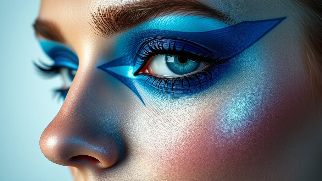 Close-up of a face with asymmetrical surrealist makeup featuring one eye dramatically enlarged with exaggerated geometric shapes in electric blue, the other eye natural, melting colors creating impossible transitions across the cheekbone, professional studio lighting
