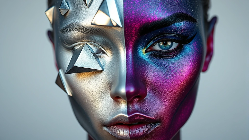 Surrealist makeup featuring a face half-covered in metallic silver with floating geometric shapes, the other half in deep jewel tones, holographic pigments catching light, creating an otherworldly alien appearance with sharp lines and soft blended areas