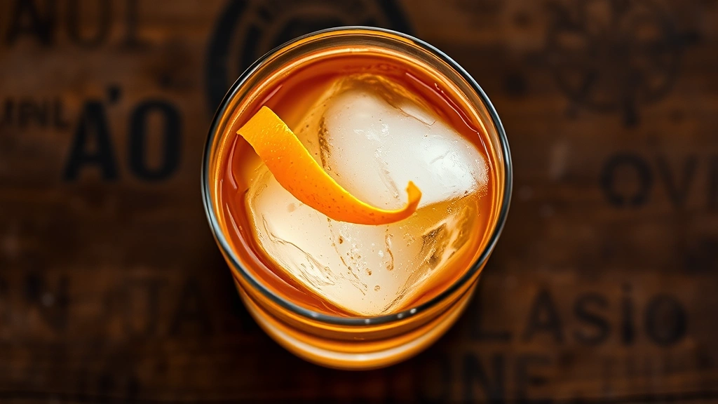 Overhead shot of a finished tequila old fashioned with large clear ice cube, twisted orange peel, and angostura bitters visible on the drink's surface
