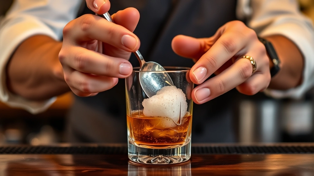 Bartender's hands muddling sugar and bitters with a bar spoon in a rocks glass, showing proper technique with soft focus bar background