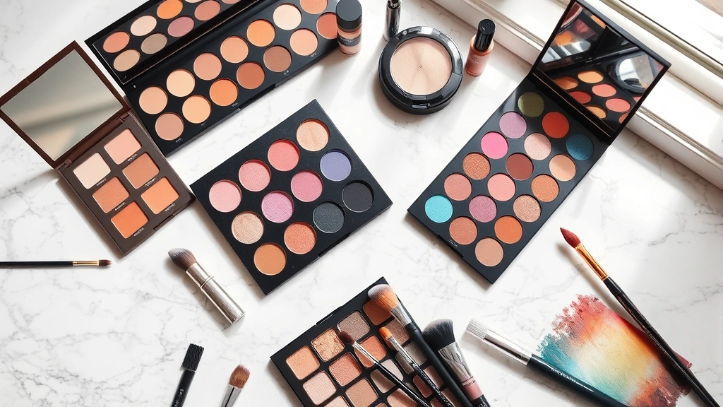 Flatlay of colorful eyeshadow palettes, makeup brushes, and cosmetic products arranged on marble surface with soft natural window lighting