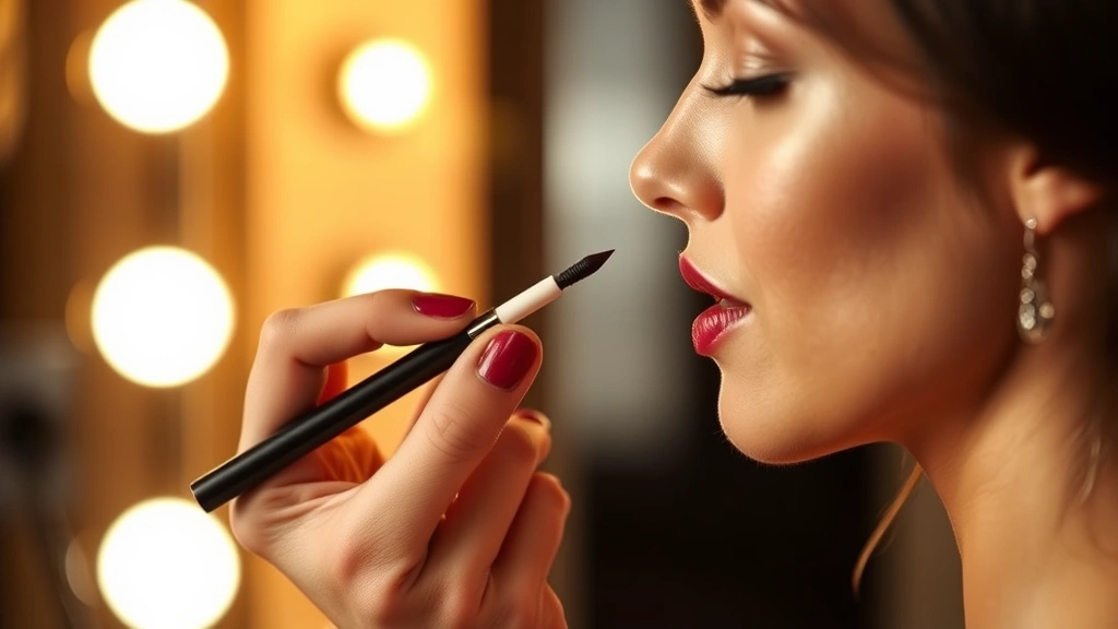 Woman applying burgundy lipstick with precision lip liner, viewed from side profile, professional makeup application technique, warm studio lighting