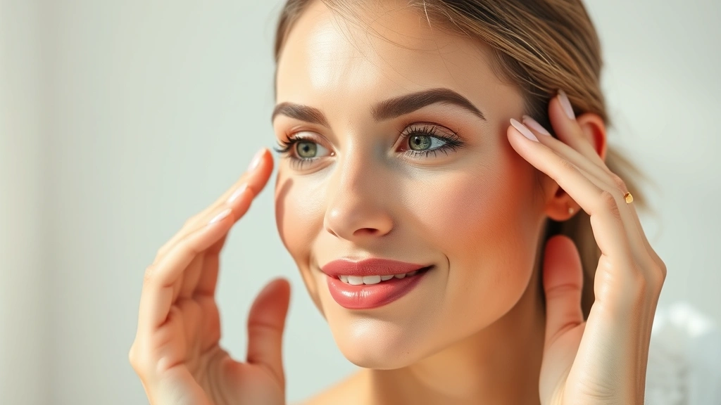 Woman with clear glowing skin examining her complexion in natural daylight, touching under-eye area, minimal makeup aesthetic, confident expression