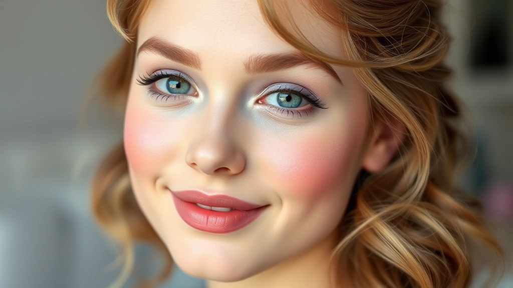 Young person with complete twee makeup look: soft pink blush, lavender eyeshadow, glossy nude-pink lips, dewy skin, natural hair with vintage waves, smiling at camera