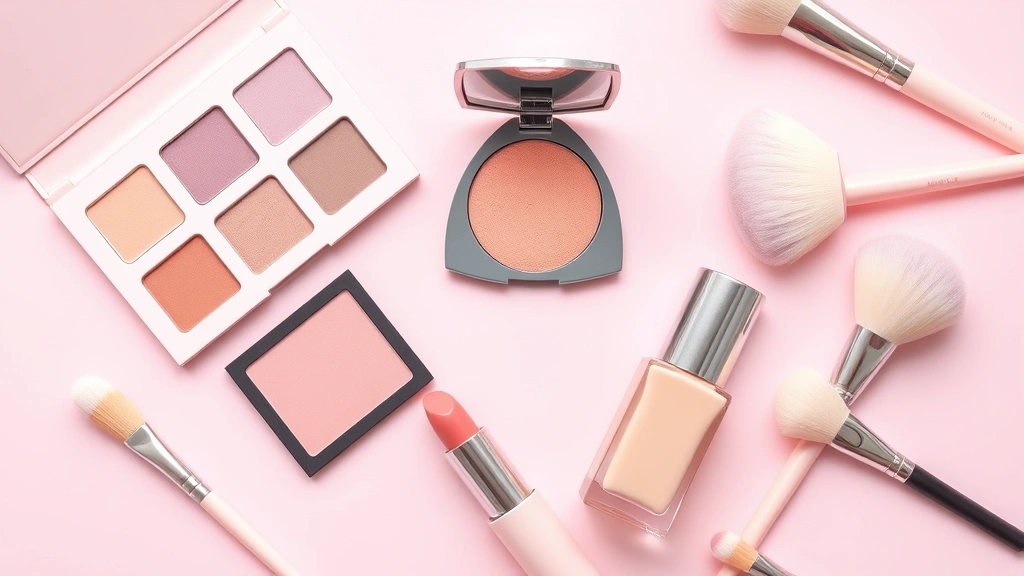 Flat lay arrangement of pastel makeup products including soft pink blush palette, lavender eyeshadow compact, peach-toned lipstick, cream foundation bottle, and fluffy makeup brushes on pale pink background