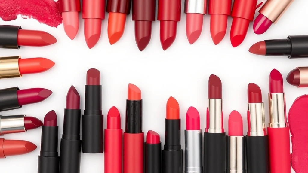 Flatlay arrangement of diverse lipstick shades in matte, satin, and glossy finishes, organized by color families from cool berries to warm corals