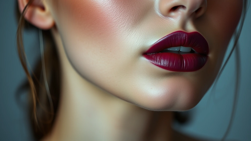 Beauty editorial close-up of model wearing deep plum matte lipstick with cool undertones, professional studio lighting emphasizing lip color and texture