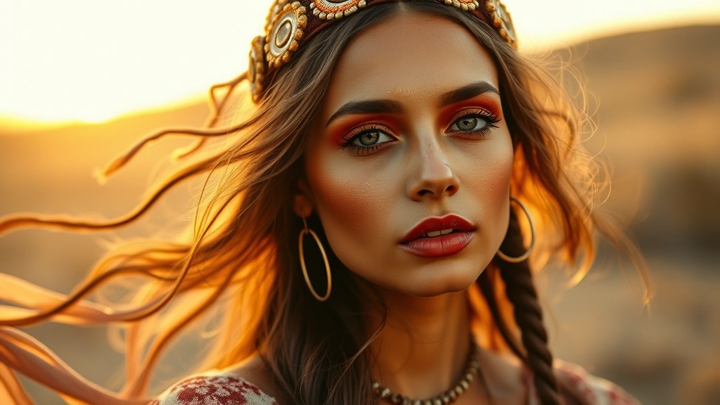 Bohemian-inspired makeup look with warm terracotta eyeshadow, bronze skin, and earthy tones on a model with flowing fabric clothing, golden hour lighting, artistic cream makeup application, free-spirited aesthetic