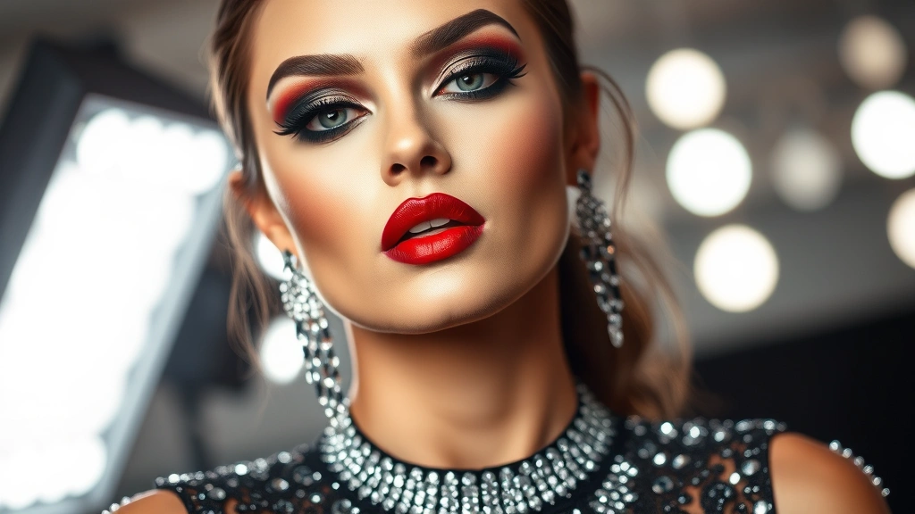 Glamorous high-fashion makeup with dramatic smoky eyes, sculpted contour, bold red lips, and rhinestone accents on a model in sequined evening wear, professional studio lighting, flawless complexion, editorial beauty photography
