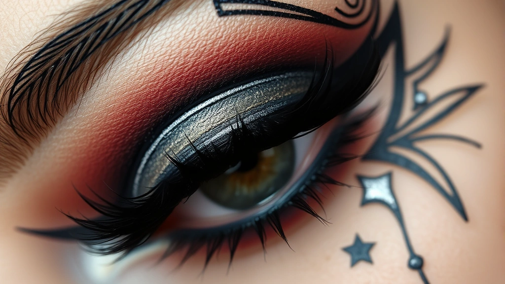 Detailed view of visual kei eye makeup showing intricate black eyeliner designs with silver metallic accents, layered eyeshadow in jewel tones, false lashes, and artistic graphic elements painted near the eye corner, professional makeup artistry style
