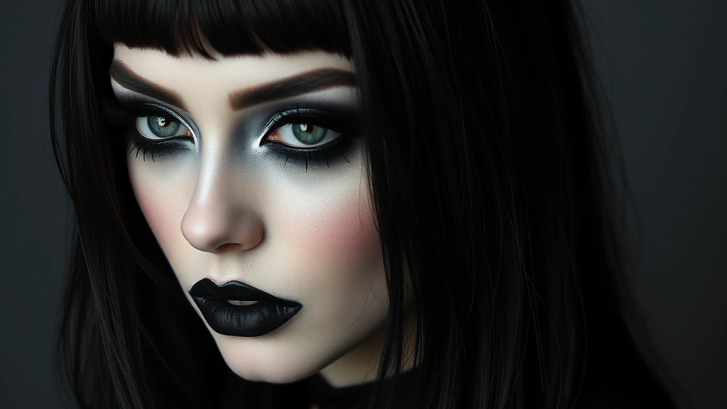 Full-face visual kei makeup portrait displaying complete aesthetic: black and silver color palette, symmetrical eye designs, bold defined lips, theatrical makeup with sharp lines and precision, dark hair framing face, professional photography lighting