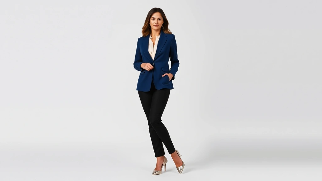 Full-length shot of woman wearing deep sapphire blue tailored blazer over cream silk blouse, paired with black trousers and metallic heels, confident posture, professional styling, natural studio lighting