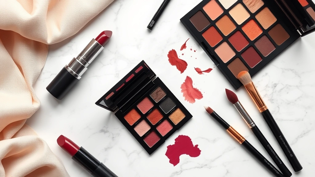Overhead flat lay of bold makeup products including rich burgundy lipstick, jewel-tone eyeshadow palette, black eyeliner, and makeup brushes arranged artistically on marble surface with subtle fashion fabric in background