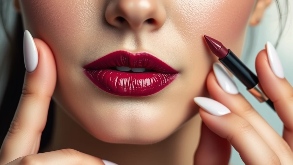Detailed shot of VKEI lip application: rich berry-toned lipstick with perfect definition, complementary lip liner, adjacent makeup products displayed artistically, natural hand positioning showing technique