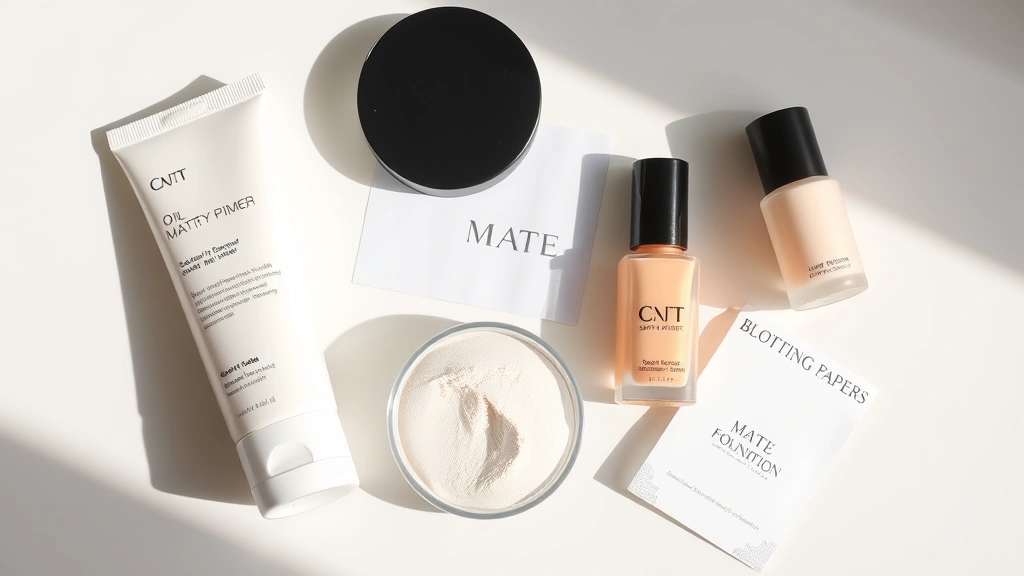 Flat lay of mattifying primer, oil-control setting powder with kaolin clay, blotting papers, and matte foundation bottles arranged on a clean white surface with soft natural lighting
