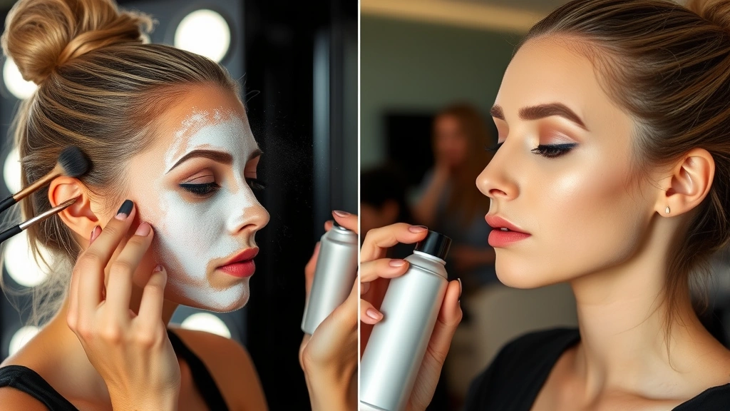 Professional makeup artist using setting powder and spray to lock in foundation on oily skin, demonstrating the double-setting technique for long-wearing results