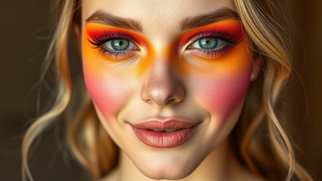 Diverse model wearing finished whale tail makeup in sunset colors (orange, pink, purple gradient), full face visible showing how design complements facial features, natural daylight photography demonstrating makeup longevity and color vibrancy