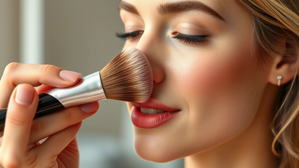 Close-up of a makeup artist applying peachy-pink cream blush to a model's cheekbones using a fluffy brush, showing the apples of the cheeks technique with natural lighting and a radiant complexion