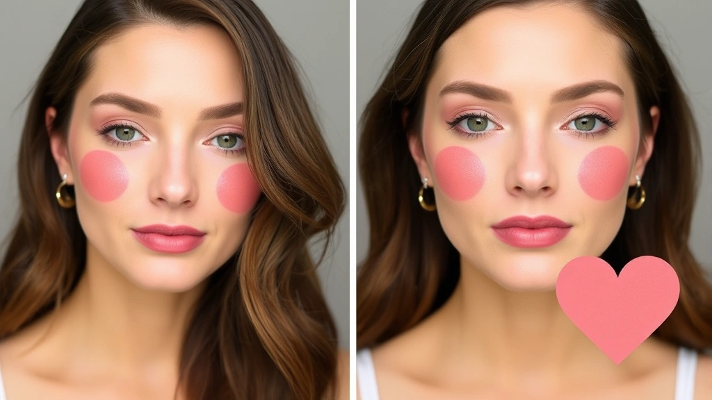 Side-by-side comparison showing blush placement on four different face shapes (round, square, oval, heart), demonstrating how blush direction changes for each shape with soft, blended application